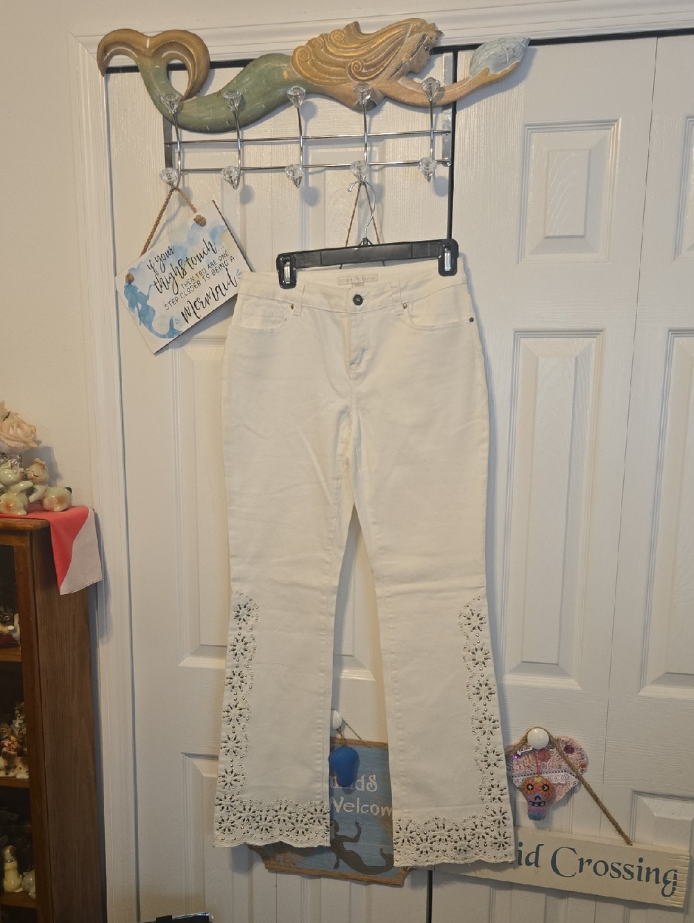 Boston Proper Cream Eyelet-Trim Jeans